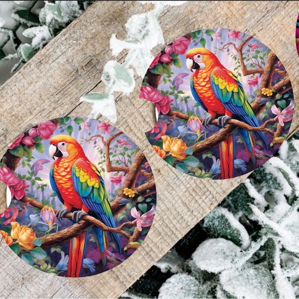 Handmade Macaw Car Coaster | New Set Of Two Macaw Neoprene Car Coasters